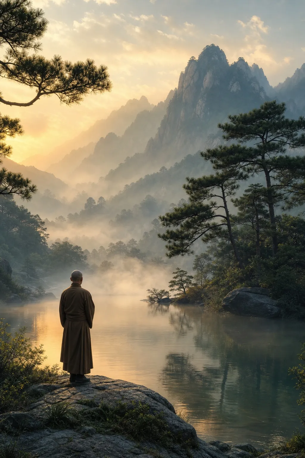 A monk standing on a rock at the edge of a still, misty lake at sunrise, with pine trees and mountain peaks rising beyond.